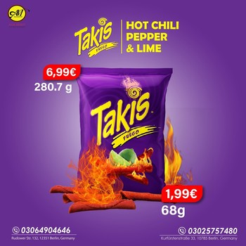 Get Takis ′′ Hot Chili Pepper & Lime ′′ in our shop now.
✔ 280,7 g in just 6,99 €
✔ 68 g in just 1,99 €
Join us for more surprises. We make your shopping a pleasure.
If you have any questions? Call us on + 493064904646.
We are open Mon-Sat 09:00 am-20:00 pm. Come visit us we are located in
1. Rudower Strasse 132, 12351 Berlin
2. Kurfürstenstra ßee 33, 10785 Berlin
3. Zossenerstr. 13 Berlin, Germany

#grocerysgopping #grocery #groceries #getgrocery #africanchili #spicy #bestprice #healthy #food #groceriesingermany #germanyfood #Deutschland #snacks #vegan #afrofood #africaningermany #indianingermany #asianshop #asingrocery #africangrocery #berlinfood #takis  #readytoeat #hotchili #lime #asiamightshop