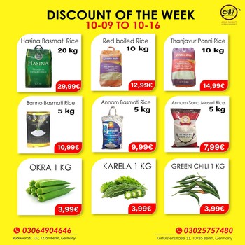 DISCOUNT OF THE WEEK!! 
Massive Savings! Less Spending!!

Hurry up, Indian, Sri-Lankan Grocery discount until 16 October. We make your favorite products affordable for you. Grab this chance now. We will make your shopping fun. 

This offer is only for Shop. If you have any questions? Give us a call at +493064904646.
We are open Mon-Sat 09:00 AM - 08:00 PM. Visit us, We are located at
1. Rudower Straße 132, 12351 Berlin
2. Kurfürstenstraße 33, 10785 Berlin 
3. Zossener Str. 13, 10961 Berlin, Germany. 

#grocerysgopping #grocery #groceries #getgrocery #africanchili #discount #bestprice #rice #groceriesingermany #germanyfood #Deutschland #healthy #srilankansingermany #indiansingermany #indianingermany #asianshop #asingrocery #africangrocery #berlinfood #indiansinberlin #indiangrocery #deliveryservice #srilankanfood  #internationale #lebensmittel #internationalelebensmittel #shoppinginberlin #vegetables